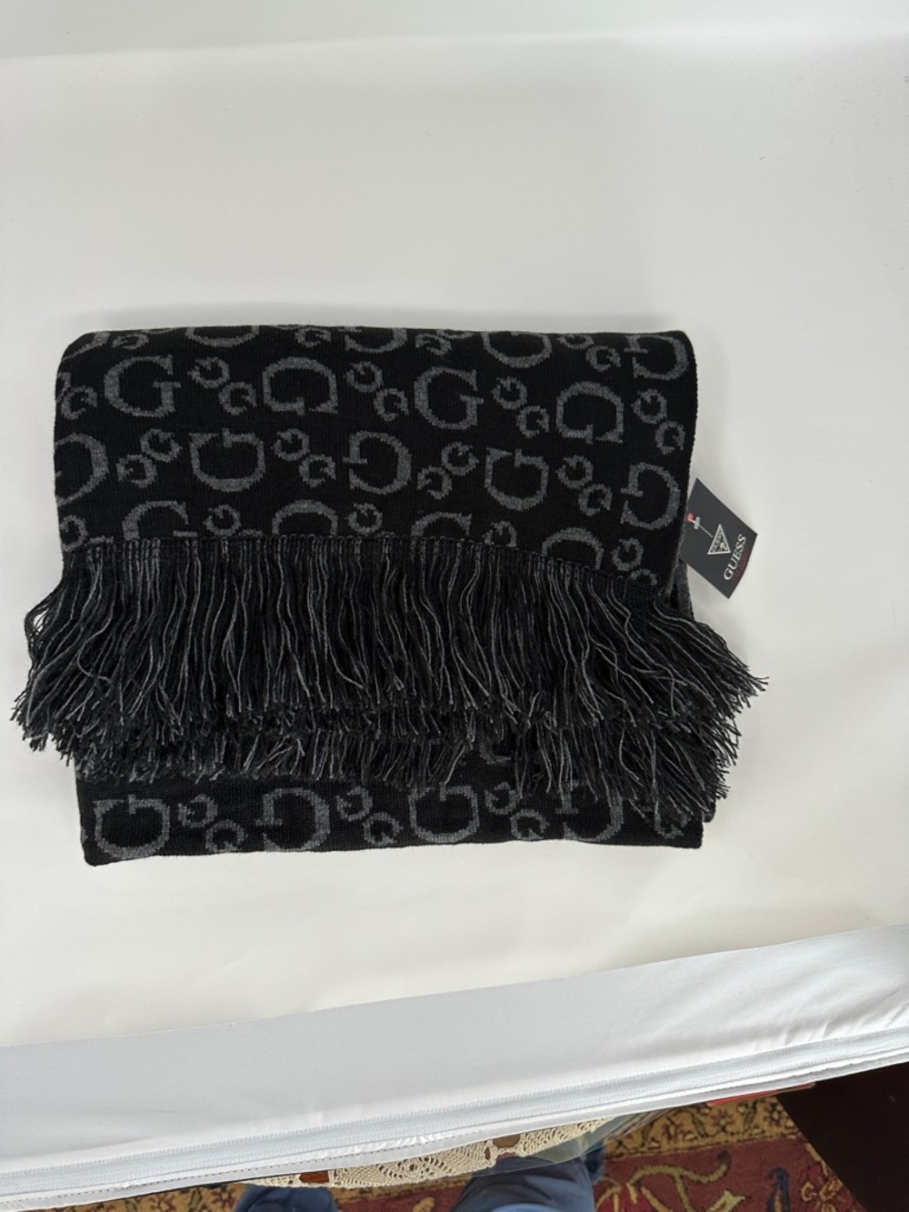 Guess Black and Gray Monogram Scarf with Fringe